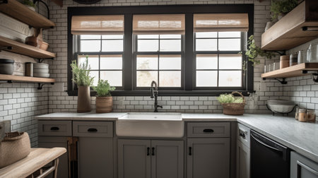 Interior design of Kitchen in Farmhouse style with Farmhouse sink decorated with Ceramic tile, Brick, Shiplap material. Traditional architecture. Generative AI AIG24.の素材