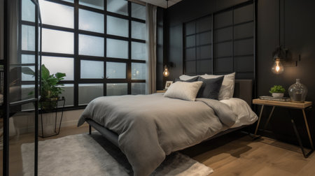 Interior design of Bedroom in Modern style with Bed decorated with Linen, Metal, Glass material. Industrial architecture. Generative AI AIG24.の素材