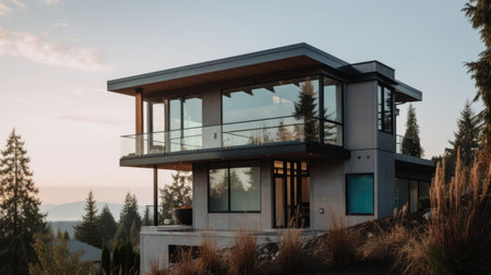 Home architecture design in Mediterranean Style with Courtyard constructed by Stucco, clay tile roof, wrought iron material. Clay tile roof with terracotta details. Generative AI AIG25 .の素材
