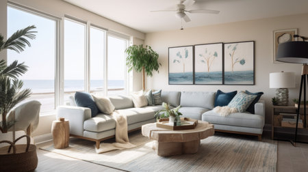 Living room decor, home interior design . Coastal Modern style with Ocean View decorated with Linen and Rattan material . Generative AI AIG26.の素材