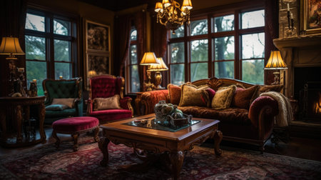 Living room decor, home interior design . Traditional Classic style with Fireplace decorated with Velvet and Wood material . Generative AI AIG26.の素材
