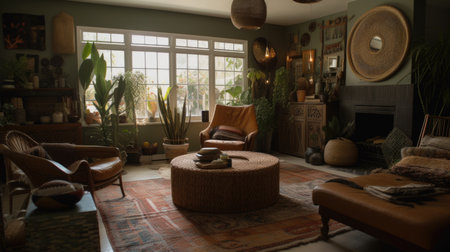Interior design of Living in Bohemian style with Fireplace decorated with Rattan, Textured Fabrics, Ceramic Tiles material. Eclectic architecture. Generative AI AIG24.の素材