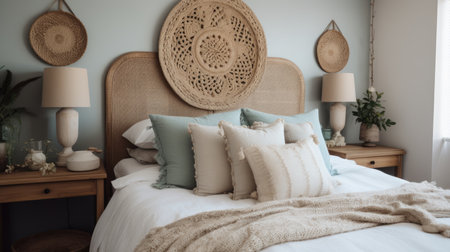 Bedroom decor, home interior design . Coastal Bohemian style with Bed decorated with Rattan and Linen material . Generative AI AIG26.の素材
