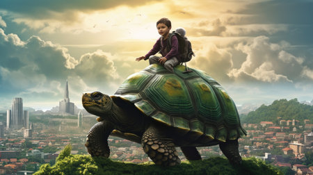 A little boy riding on a giant turtle above suburban town. Generative AI AIG27.の素材