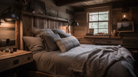 Interior design of Bedroom in Rustic style with Headboard decorated with Wood, linen, wool, fur material. Log cabin architecture. Generative AI AIG24.の素材