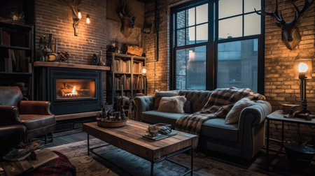 Living room decor, home interior design . Rustic Industrial style with Fireplace decorated with Wood and Metal material . Generative AI AIG26.の素材