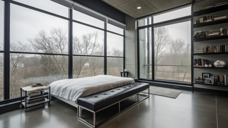 Bedroom decor, home interior design . Modern Industrial style with Large Floor-to-Ceiling Windows decorated with Concrete and Metal material . Generative AI AIG26.の素材