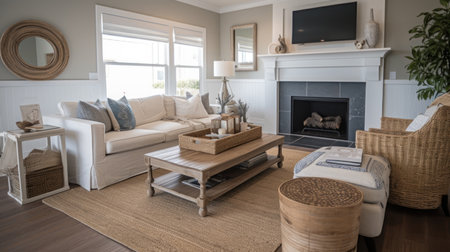 Interior design of Living Room in Coastal style with Fireplace decorated with Wicker, Jute, Shiplap material. Coastal architecture. Generative AI AIG24.の素材