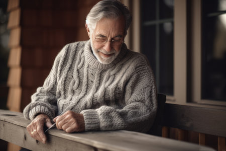 Male Caucasian elderly knitting cozy sweater warmth patio. Generative AI AIG23.の素材