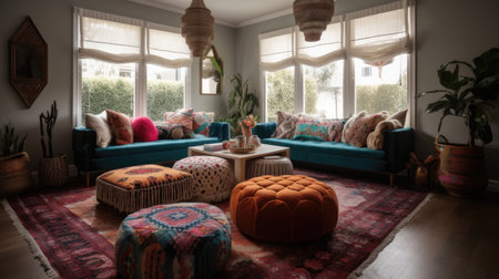 Interior design of Living Room in Bohemian style with Gallery Wall decorated with Woven Poufs, Macrame material. Contemporary architecture. Generative AI AIG24.の素材