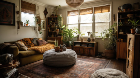 Interior design of Living Room in Bohemian style with Gallery wall decorated with Textured fabrics, Rattan, Woven material. Rustic architecture. Generative AI AIG24.の素材