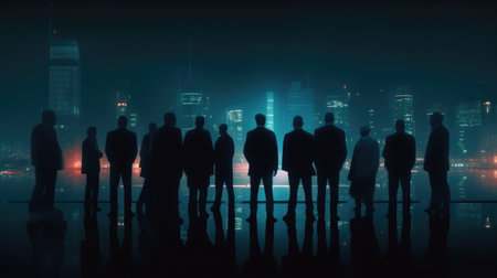 The silhouettes of business people in front of a cityscape at night time. Generative AI AIG21.の素材