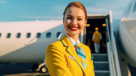 Smiling air hostess in yellow suit standing in front of airplane entrance under blue sky. Generative AI AIG21.の素材