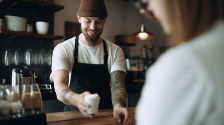 Barista serving customer a cup of coffee in a coffee shop. Generative AI AIG21.の素材