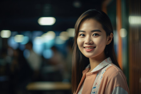 Young smart asian businesswoman, smiling face, standing in blur background of creative colorful office interior design. Generative AI AIG20.の素材