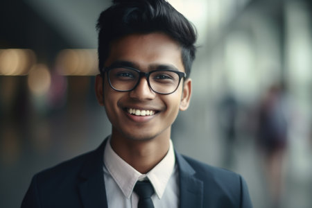 Young smart indian businessman, smiling face, standing in blur background of modern office building. Generative AI AIG20.の素材