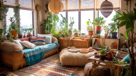 Living room decor, home interior design . Bohemian Coastal style with Large Windows decorated with Rattan and Wicker material . Generative AI AIG26.の素材