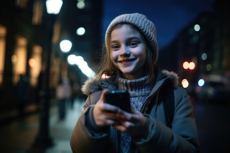 Wide angle shot of a young caucasian 10-year-old little girl trendy clothes using mobile phone with background of urban city street at night. Generative AI AIG18.の素材