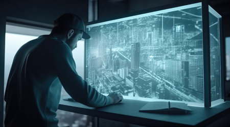 A man looking at blue hologram screen showing the city plan with the light teal and light black. Generative AI AIG21.の素材