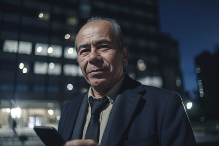a senior mexican hispanic businessman executive using mobile phone with background of modern office buildings at night Generative AI AIG18.の素材