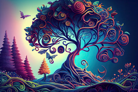 Trippy nature trees sun swirly hyper detailed blue gradient. Generative AI AIG15.の素材