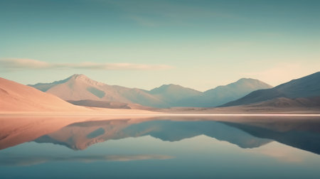 Desert mountain and oasis lake with morning sunrise light and misty environment, panoramic mountainous landscape and clear sky background. Picturesque generative AIの素材