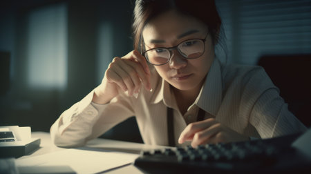 Accountant Female Asian seriously Analyzing the document. Generative AI AIG22.の素材