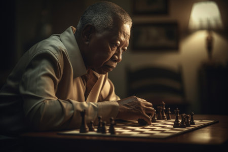 Male African elderly playing chess in living room activity. Generative AI AIG23.の素材