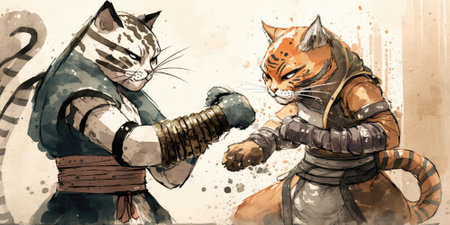 Cats jitsu fighting battle aggressive watercolor beautiful painting art. Generative AI AIG16の素材