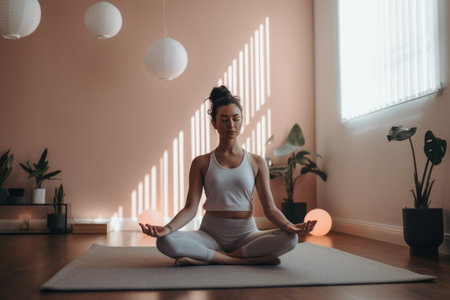 Female Middle Eastern adult doing yoga exercise in living room. Generative AI AIG23.の素材