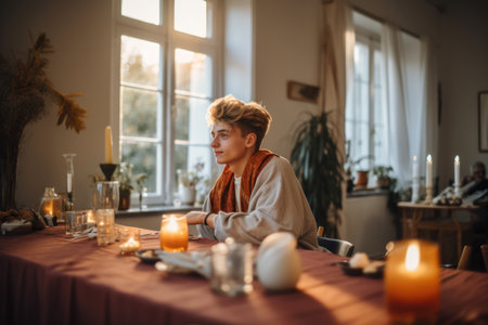 Male Caucasian teenager socializing dining room light conversation. Generative AI AIG23.の素材