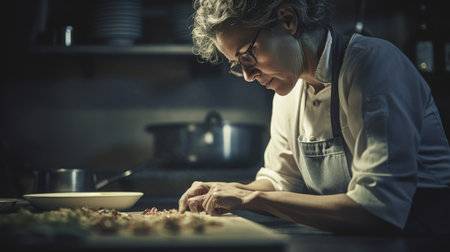 Chef Female Caucasian Middle-aged Preparing a dish in Kitchen. Generative AI AIG22.の素材