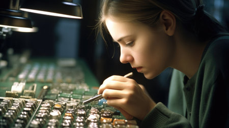 Assembly Line Worker Female Caucasian Young Adult Assembling components on a production line, manufacturing industrial goods in Assembly line. Generative AI AIG22.の素材