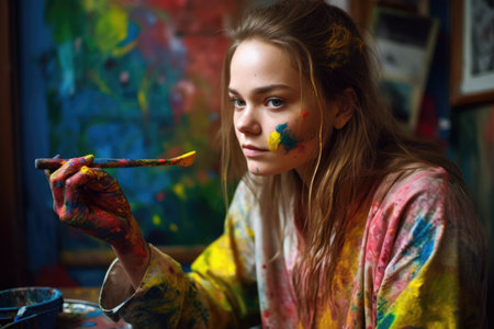 Female Caucasian adult painting art studio artist apron picture drawing. Generative AI AIG23.の素材