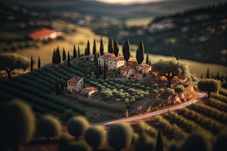 Tilt shift Tuscany landscape stunning sunset beautiful. Generative AI AIG15.の素材
