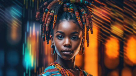 Beautiful model with colorful and trendy outfit with glowing light, fashionable african glitch core teenager girl. Picturesque generative AIの素材