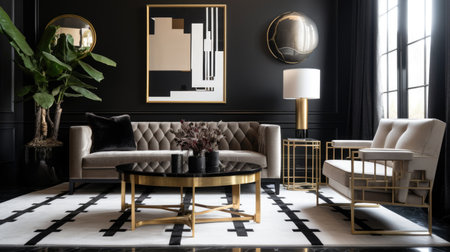 Living room decor, home interior design . Art Deco Contemporary style with Large Window decorated with Velvet and Marble material . Generative AI AIG26.の素材