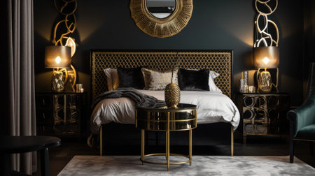 Bedroom decor, home interior design . Art Deco Glamorous style with Chandelier decorated with Brass and Velvet material . Generative AI AIG26.の素材