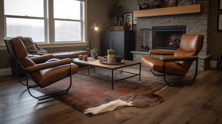 Living room decor, home interior design . Rustic Industrial style with Stone Fireplace decorated with Leather and Metal material . Generative AI AIG26.の素材