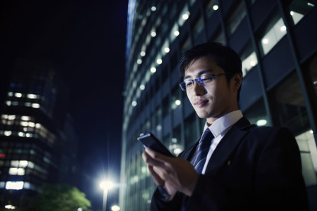 Wide angle shot of a young chinese japanese businessman executive using mobile phone with background of modern office buildings at night. Generative AI AIG18.の素材
