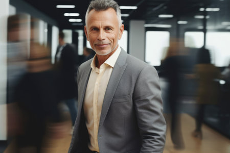 40s mature male executive, smiling face, standing in blur background of busy office. Generative AI AIG20.の素材