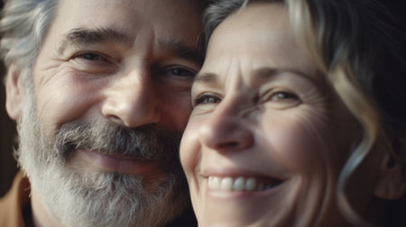 Smiling face of mature couple, close up, at home, natural window light. Generative AI AIG20.の素材
