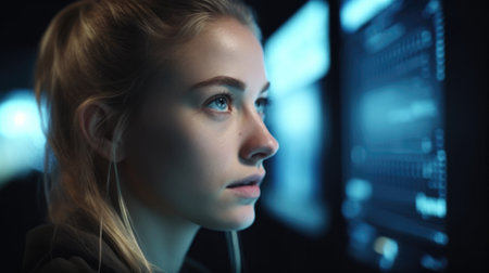 Young blonde woman with wonder, curiosity, looking at holographic digital display, futuristic technology, innovation. Generative AI AIG20.の素材