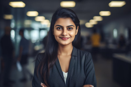 Young smart indian businesswoman, smiling face, standing in blur background of creative colorful office interior design. Generative AI AIG20.の素材