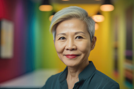 Mature smart asian businesswoman, smiling face, standing in blur background of creative colorful office interior design. Generative AI AIG20.の素材