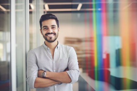 Young smart hispanic businessman, smiling face, standing in blur background of creative colorful office interior design. Generative AI AIG20.の素材