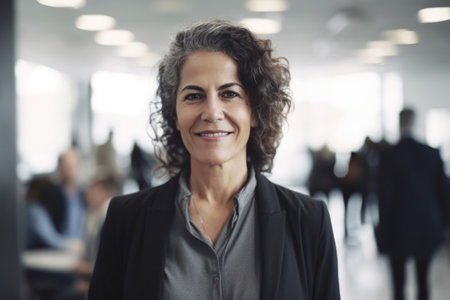 Mature smart hispanic businesswoman, smiling face, standing in blur background of busy office. Generative AI AIG20.の素材