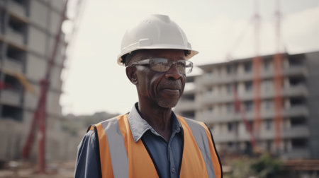 Senior male African civil engineer with determined face at construction site. Generative AI AIG21.の素材