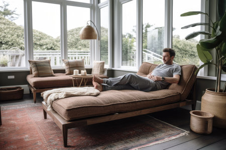 Male Caucasian middle aged lounging sun room cozy warm. Generative AI AIG23.の素材
