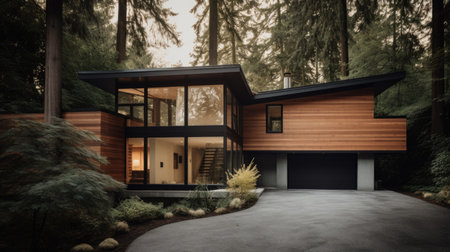 Home architecture design in Mid-century modern Style with Courtyard constructed by Wood and Glass material. Mid-century modern architecture style. Generative AI AIG25 .の素材